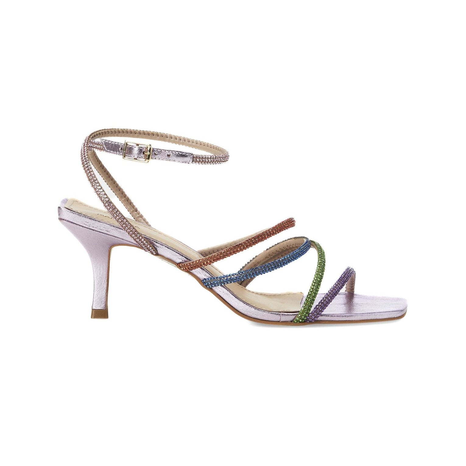 Multicolor Crystal Leather Sandals – 8 cm Heeled Strappy Design